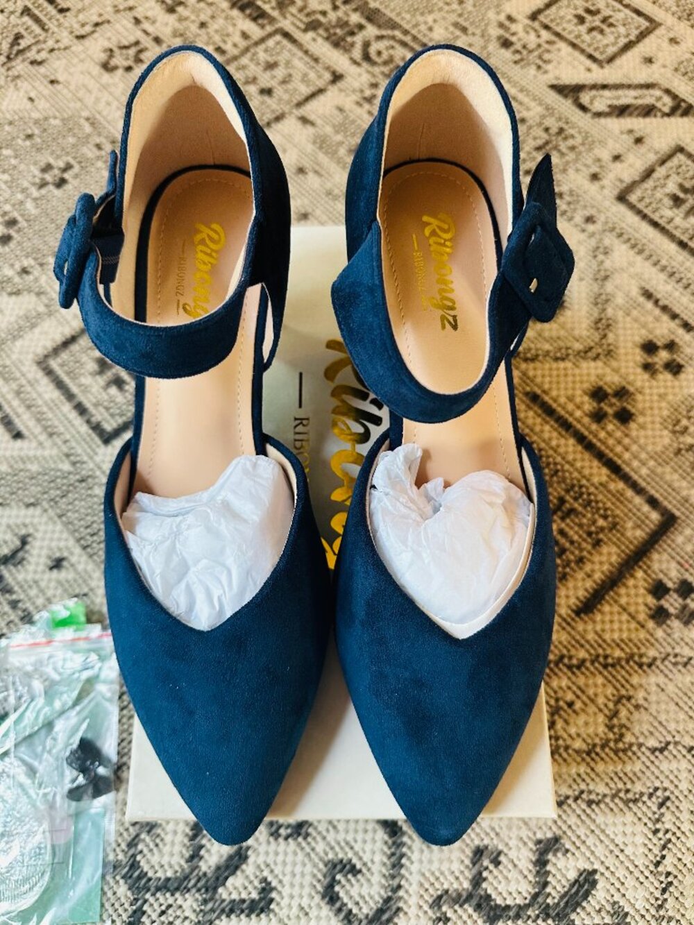NIB Navy Blue Faux Suede Pointed Toe Kitten Heels with Ankle Strap 7.5